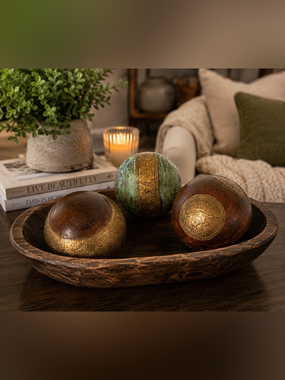 Artisan Wooden Decorative Orbs Set | Brass Inlay Spheres | Decor | India